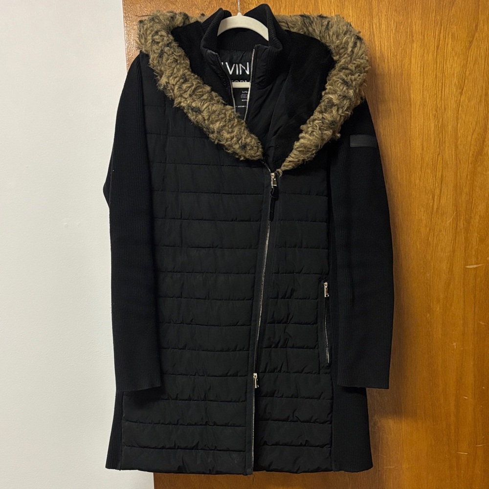 Calvin Klein Black Puffer Coat with Faux Fur Hood